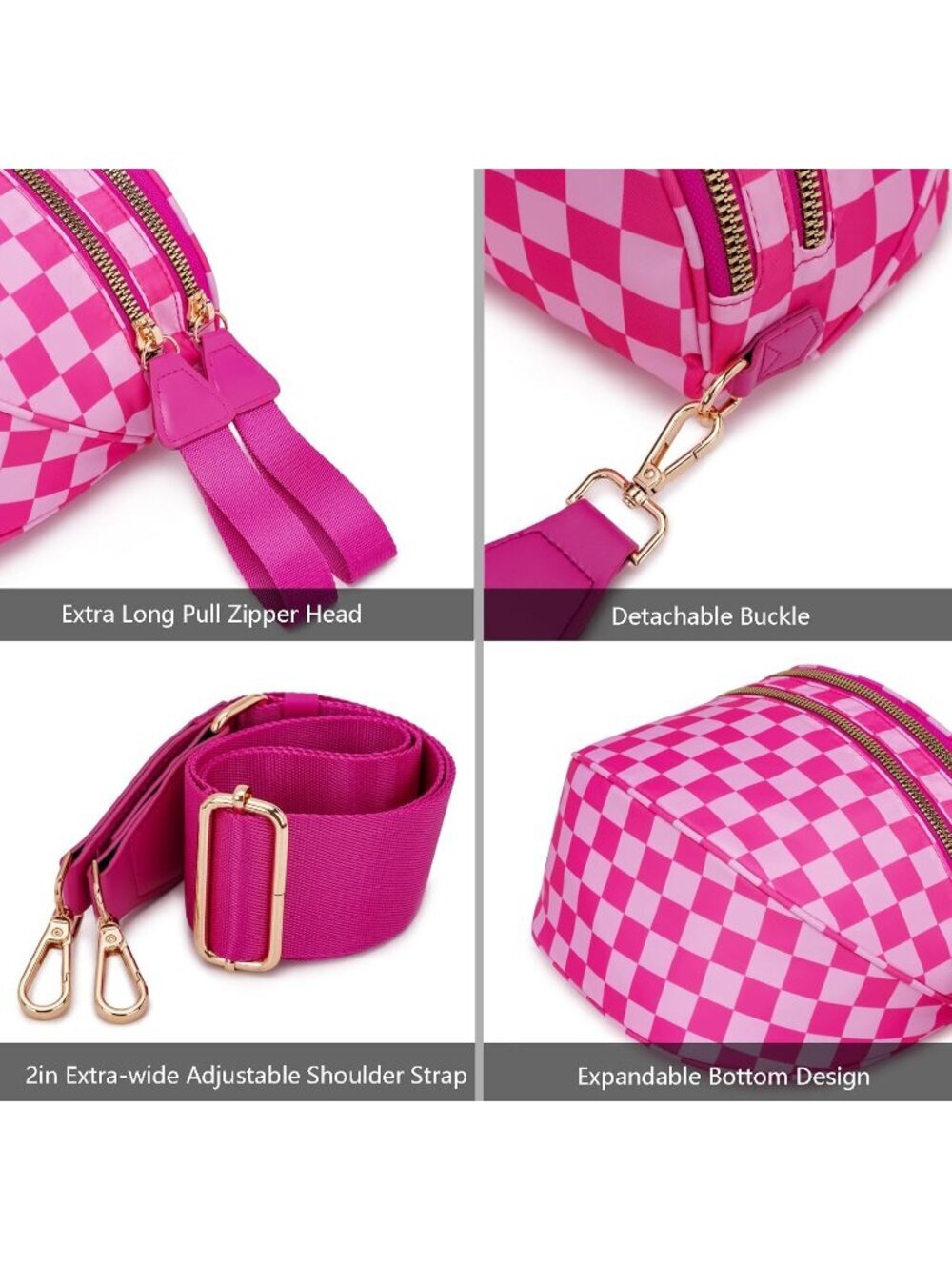 Women's Rose Spacious Checkered Double-Zipper Compartment Fashion Crossbody Bag - Picture 6 of 6